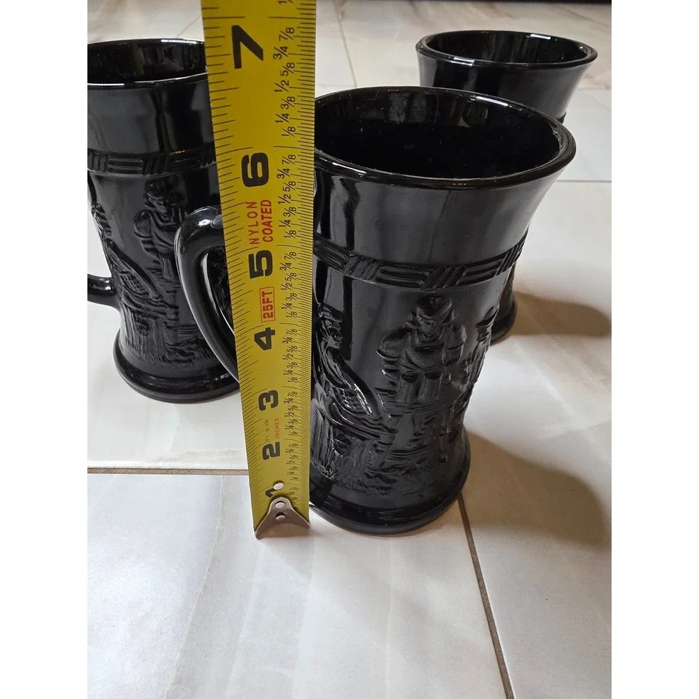 Vintage Black Amethyst Glass Beer‎ Stein Tavern Scene Embossed Mug Set of 3 A5